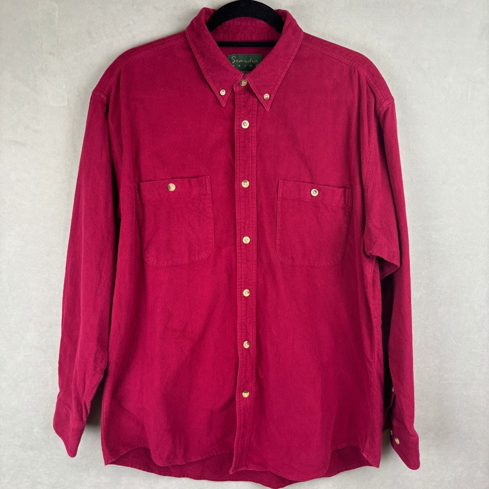 Scandia Woods Mens L Red Cotton Flannel Button Down Shirt Cabin Rustic Layering